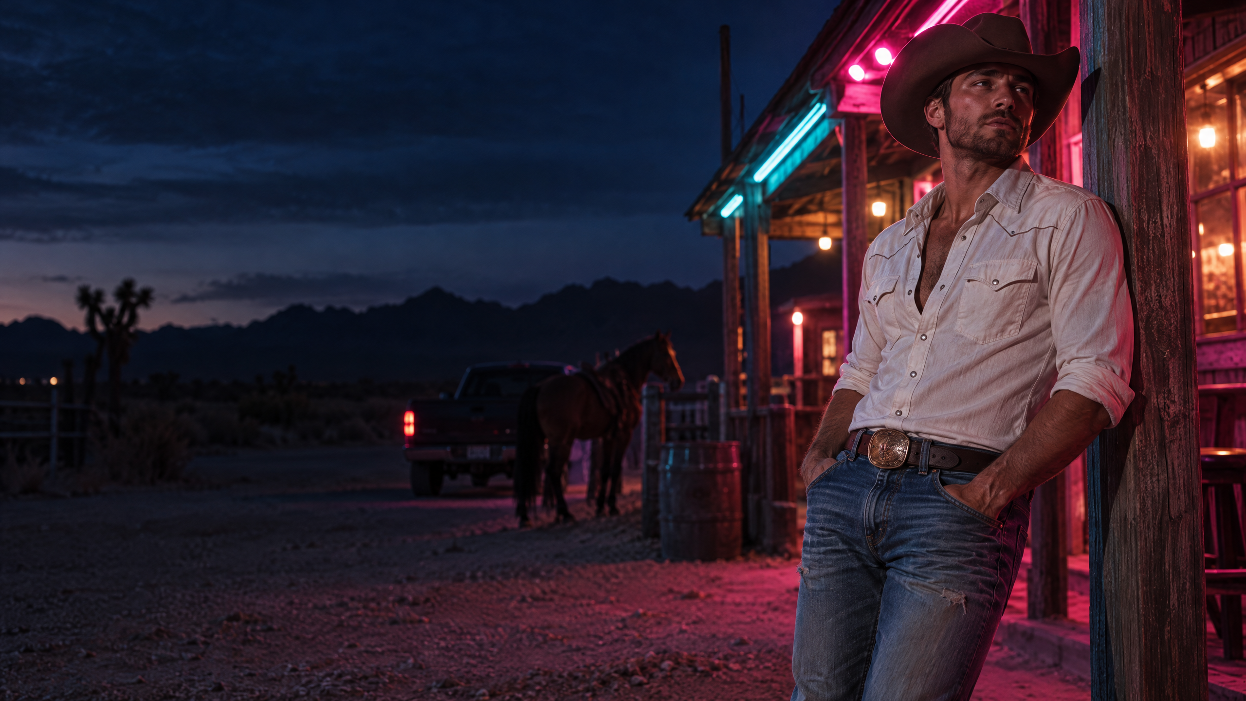 Cowboy standing outside a neon-lit honky-tonk at dusk